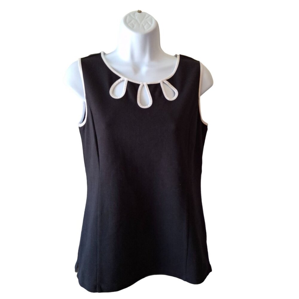 Talbots Black Sleeveless Top XS Mod Chic Contrast Trim Blouse Corpcore Classic - Picture 2 of 9